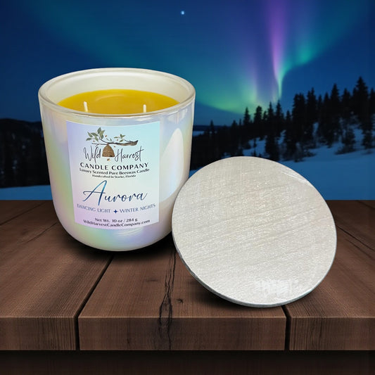 Aurora — 10 oz Double-Wick Luxury Scented Pure Beeswax Candle, Northern Lights Holiday Scent in Opulent White Glass (Limited Edition)