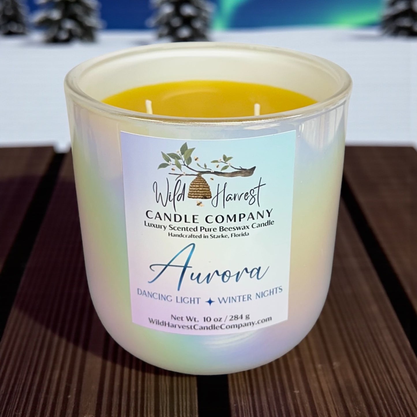 Aurora — 10 oz Double-Wick Luxury Scented Pure Beeswax Candle, Northern Lights Holiday Scent in Opulent White Glass (Limited Edition)