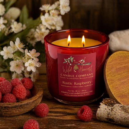 Rustic Raspberry Scented Pure Beeswax Candle – Limited Edition Luxury Candle | Raspberry, Amber & Vanilla Birch | 10 oz Artisan Candle in Raspberry Glass