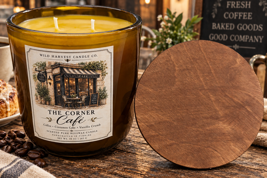 A lit scented candle in a clear glass jar with a warm amber-brown vessel and a cream label reading 'The Corner Cafe' by Wild Harvest Candle Co. A round wooden lid rests beside the jar on a rustic wooden surface, with coffee beans and a blurred cafe background.