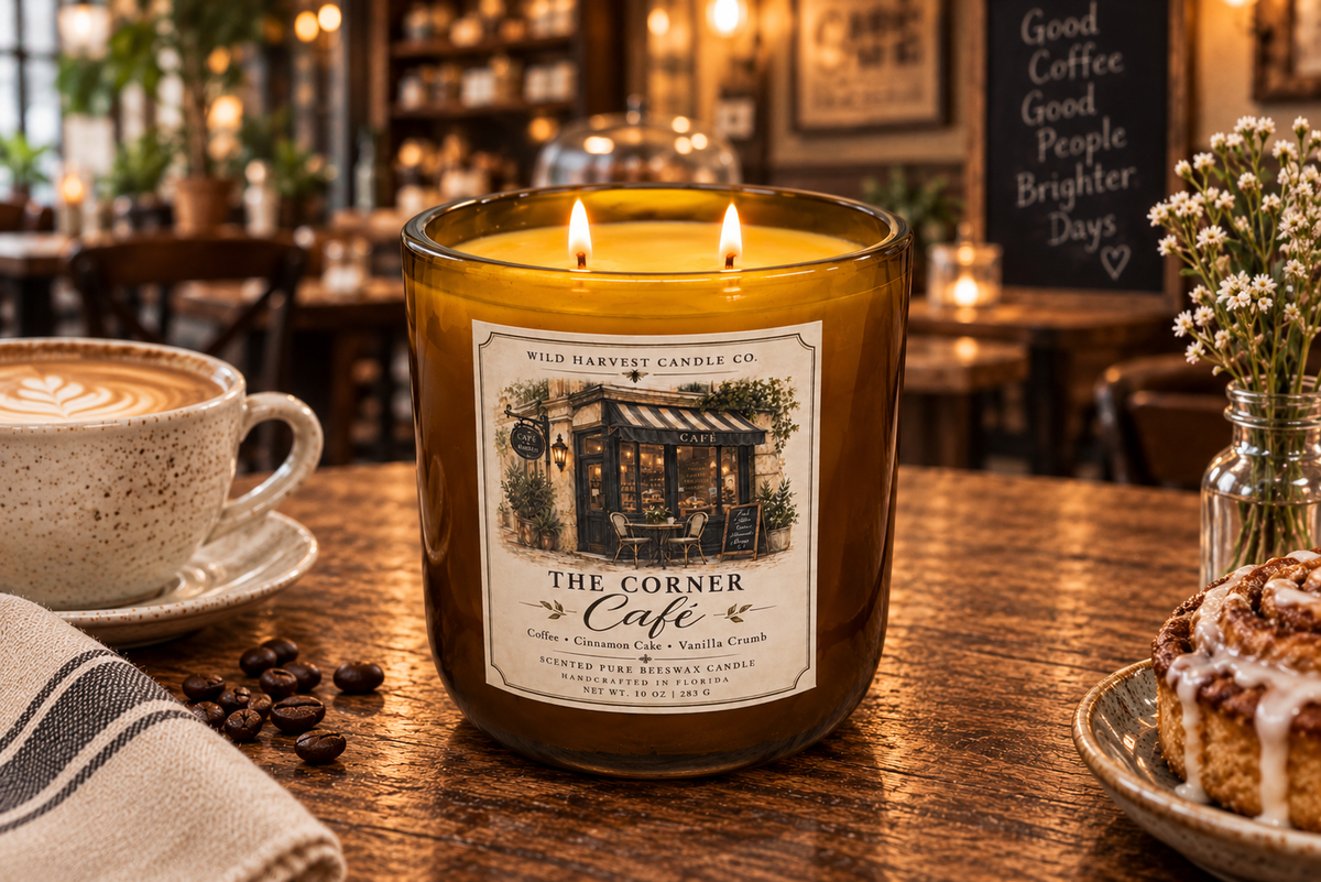 A lit amber glass candle jar labeled 'The Corner Cafe' by Wild Harvest Candle Co, placed on a wooden table in a cozy cafe setting with a coffee cup, cookies, and flowers nearby.