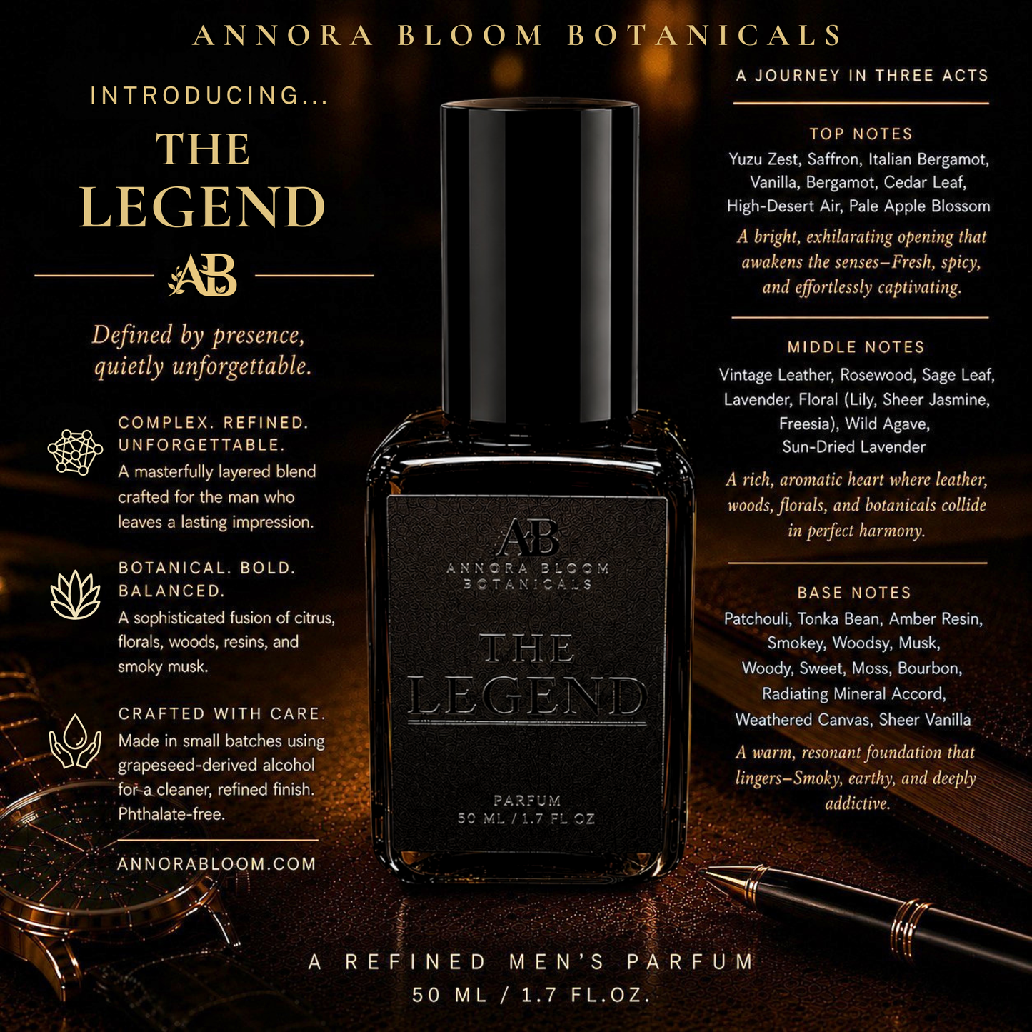 Annora Bloom Botanicals 'The Legend' Parfums de Marly men's perfume, 50 ml. The image features a black glass bottle with a black cap, set against a dark, atmospheric background with text detailing the fragrance's notes and ingredients.