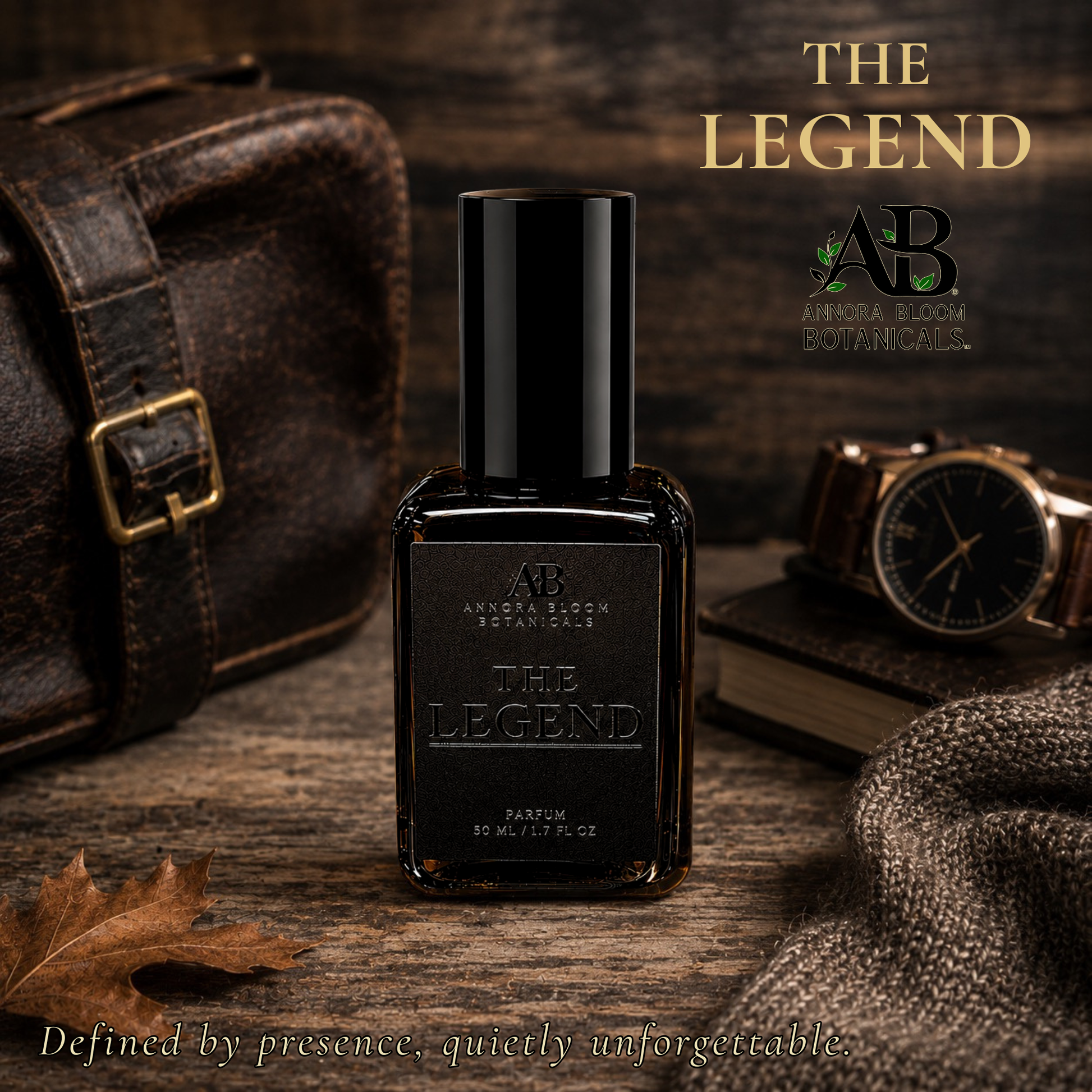 A black rectangular perfume bottle labeled 'THE LEGEND' by Abibona Bloom Botanicals stands on a rustic wooden surface. A brown leather bag, a watch, a book, and a knit scarf are arranged around it in a moody styled setting.