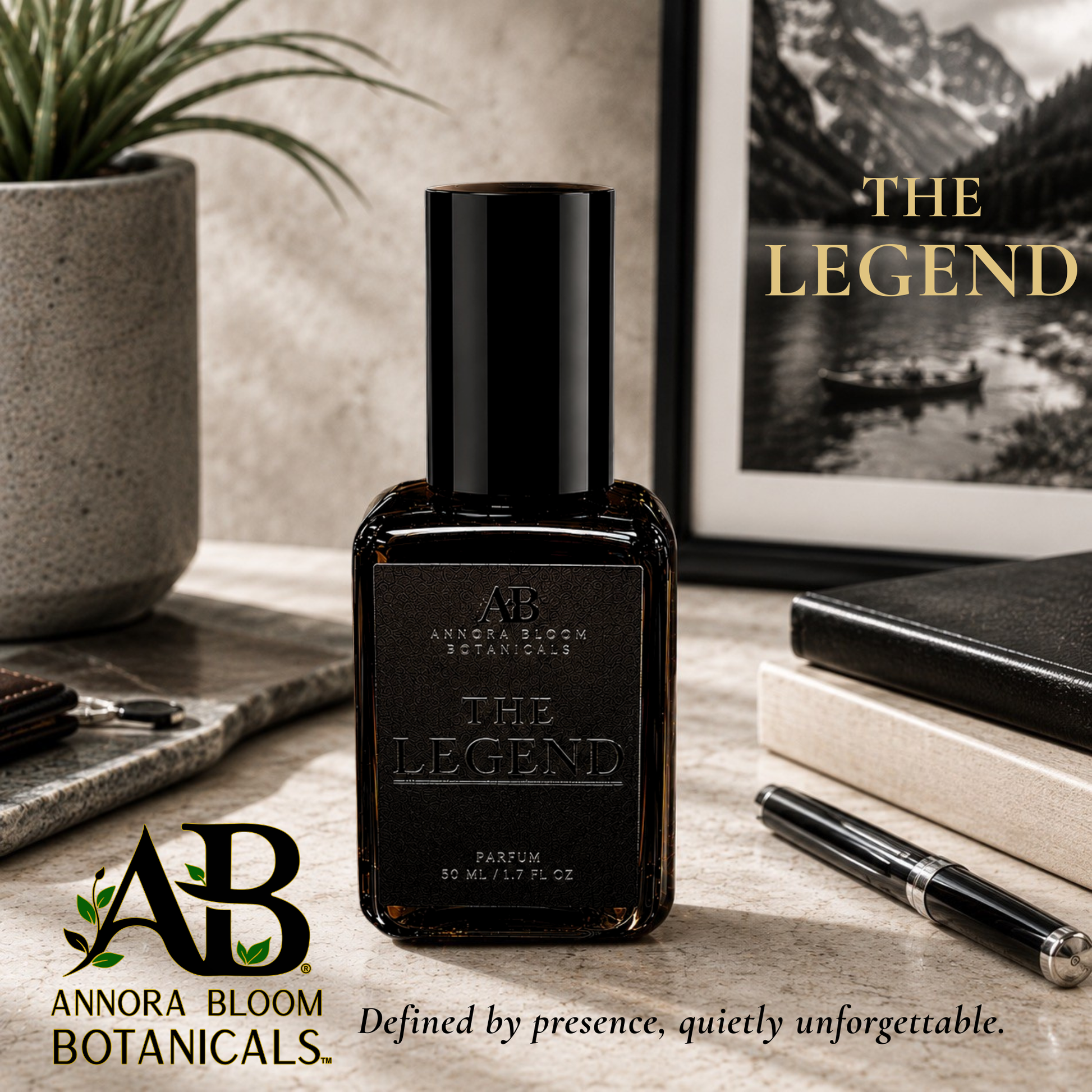 A dark amber glass perfume bottle labeled 'THE LEGEND' by Annora Bloom Botanicals, styled on a tabletop with a framed black-and-white landscape print, a potted plant, books, a pen, and the brand logo in the lower left.