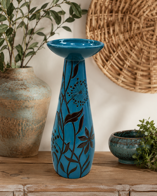 Vintage Turquoise Floral Ceramic Pillar Candle Holder | 1970s–1990s Art Pottery Pedestal Decor | 11.75" Tall
