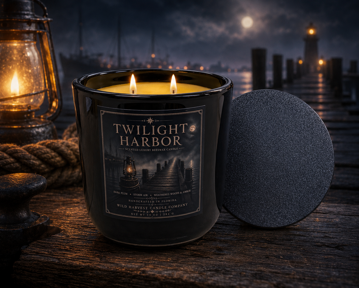 A lit black scented candle jar labeled Twilight Harbor sits on a wooden dock at night, with a matching textured round lid beside it. A lantern, rope, and lighthouse are visible in the moody background.