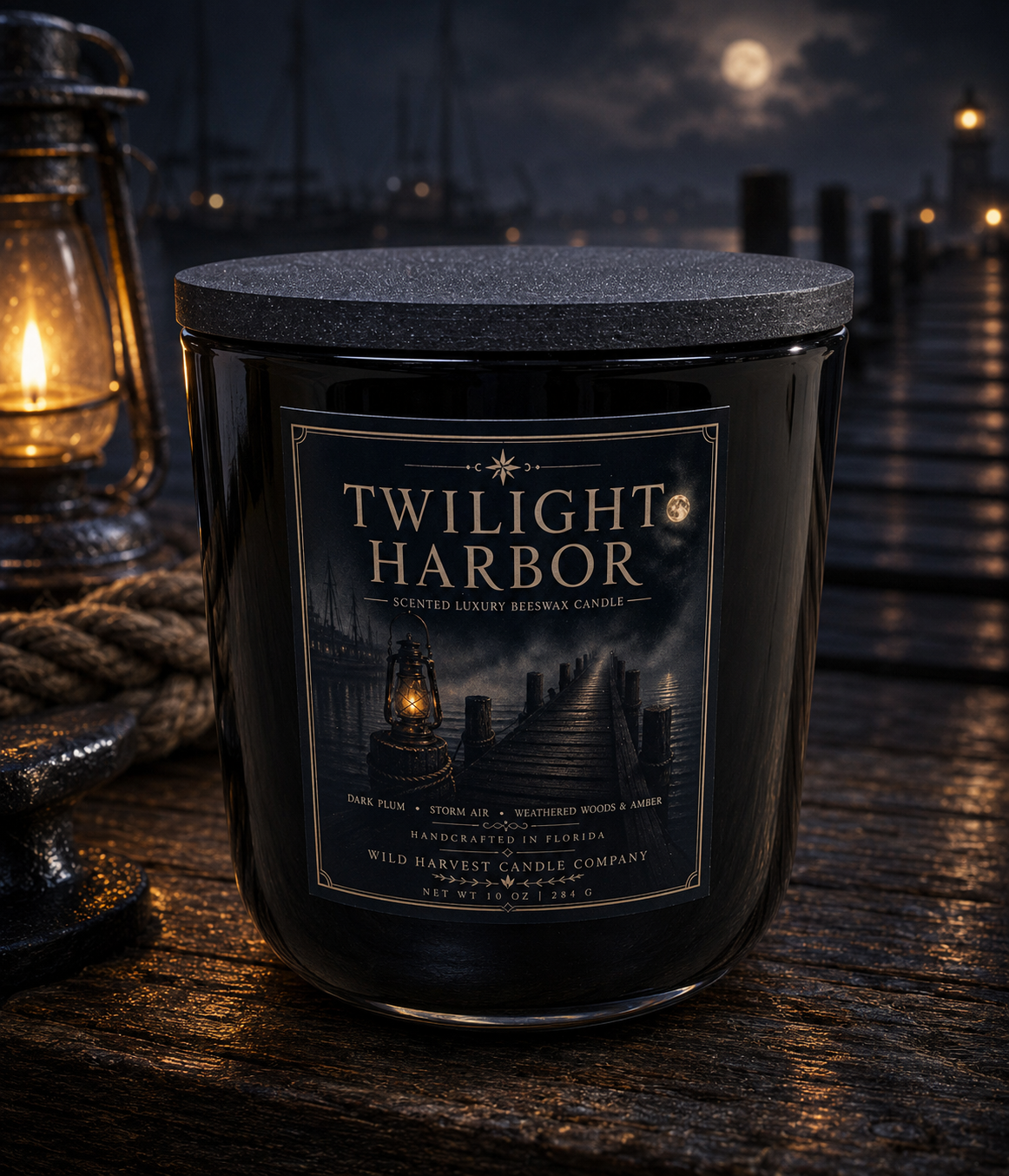 A black glass jar candle labeled 'Twilight Harbor' sits on a wooden dock at night, with a lantern and blurred lights in the background. The label reads 'Twilight Harbor' and 'Wild Harvest Candle Company.