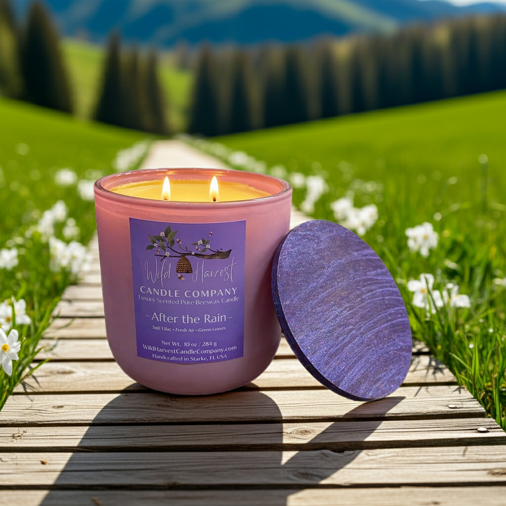 Pink candle with a purple label on a wooden surface in a scenic outdoor setting with mountains and flowers.