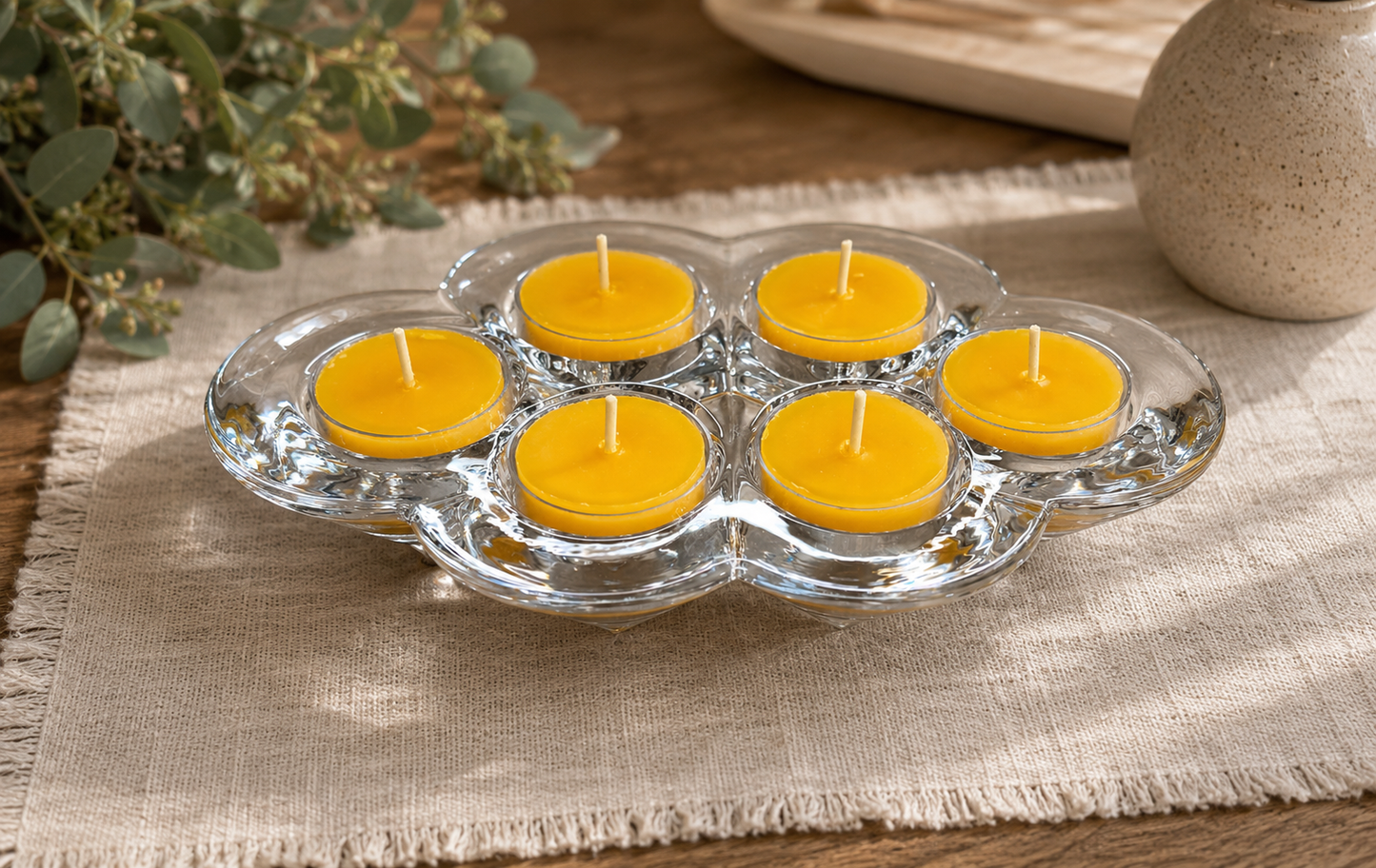 Vintage Villeroy & Boch Crystal Tealight Candle Holder Centerpiece with 6 Pure Beeswax Tealights – Made in Germany
