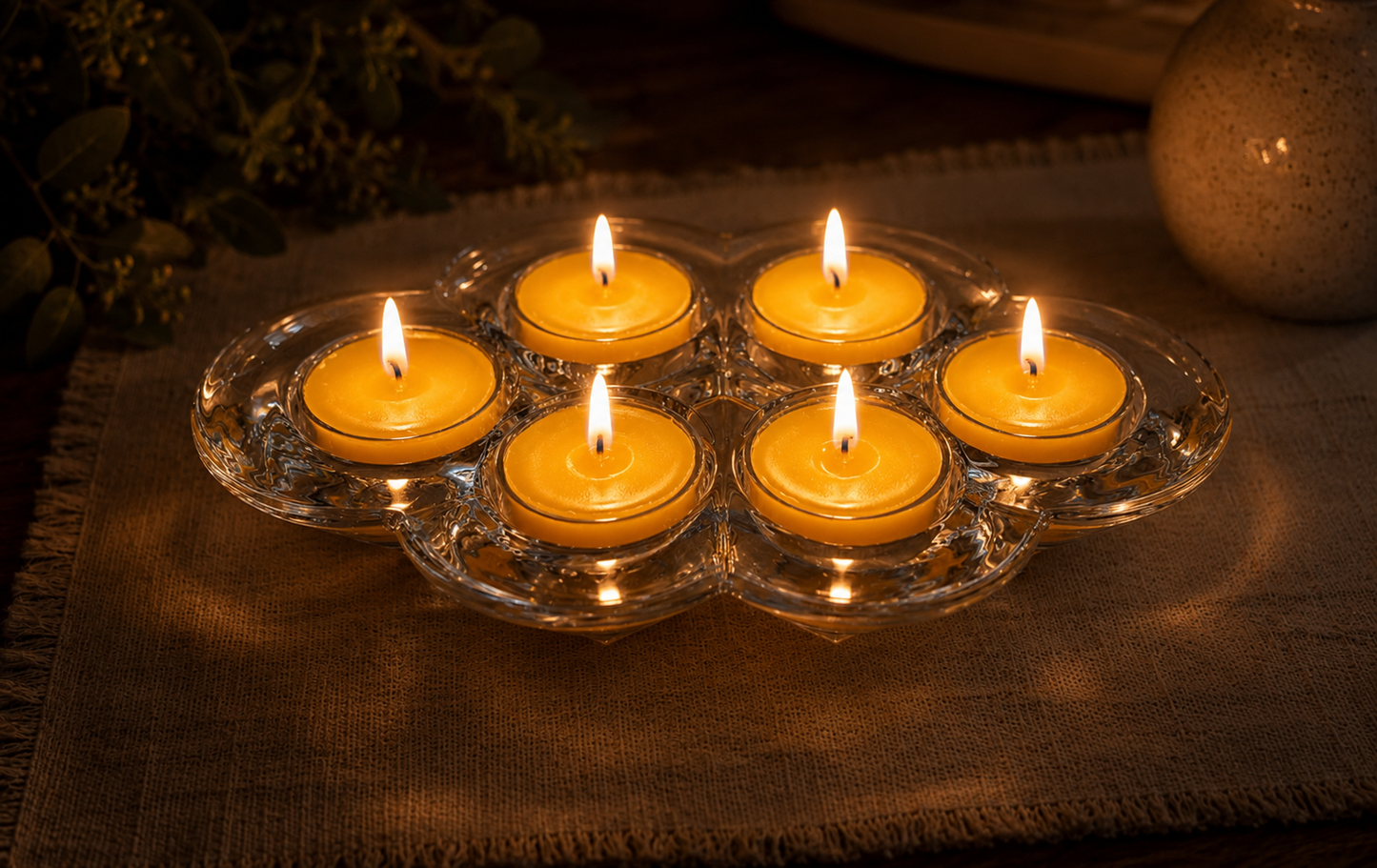 Vintage Villeroy & Boch Crystal Tealight Candle Holder Centerpiece with 6 Pure Beeswax Tealights – Made in Germany