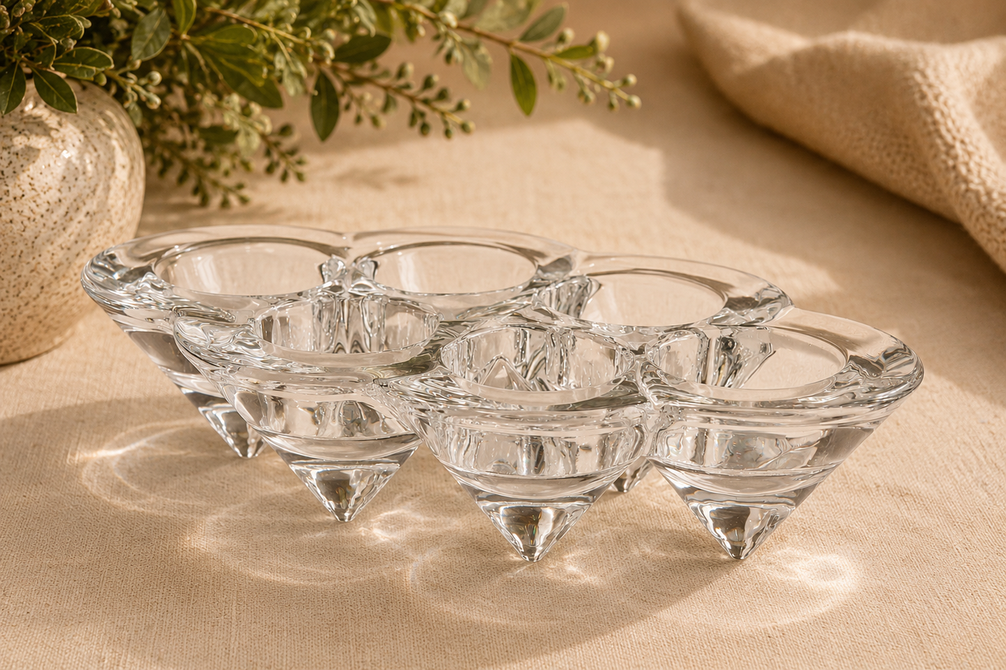 Vintage Villeroy & Boch Crystal Tealight Candle Holder Centerpiece with 6 Pure Beeswax Tealights – Made in Germany