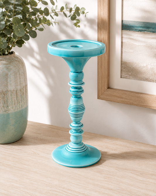 Vintage Aqua Ceramic Candle Holder | Pillar & Taper Candle Stand | Coastal Home Décor