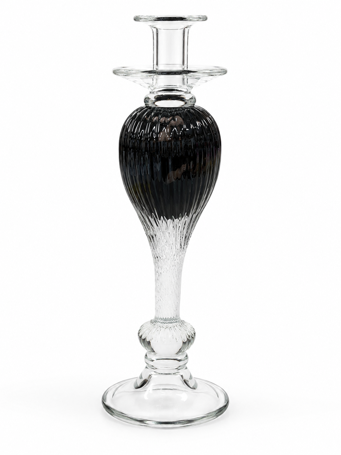 Vintage Murano-Style Black & Clear Art Glass Candlestick Holder – 14"