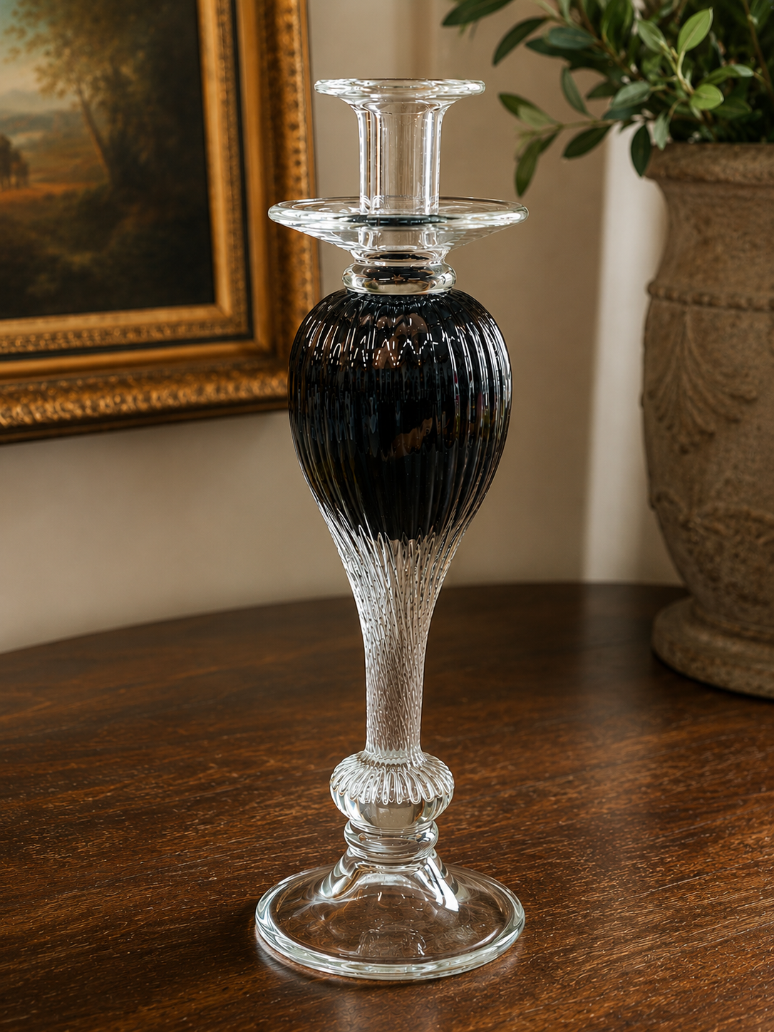 Vintage Murano-Style Black & Clear Art Glass Candlestick Holder – 14"