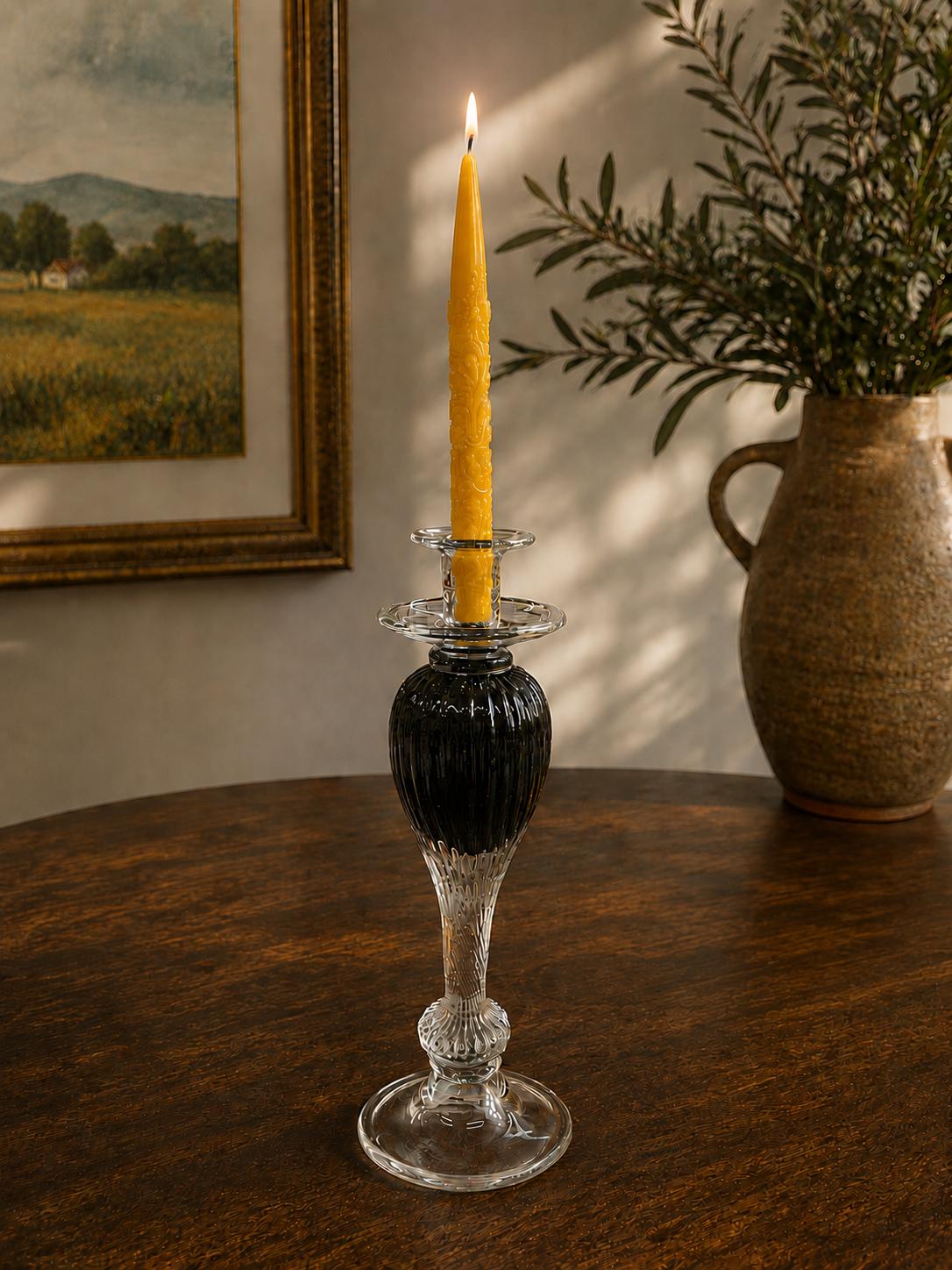 Vintage Murano-Style Black & Clear Art Glass Candlestick Holder – 14"