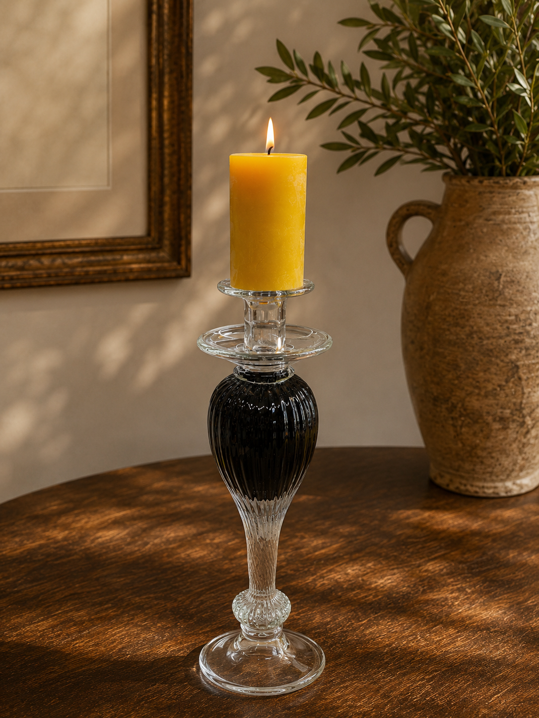 Vintage Murano-Style Black & Clear Art Glass Candlestick Holder – 14"