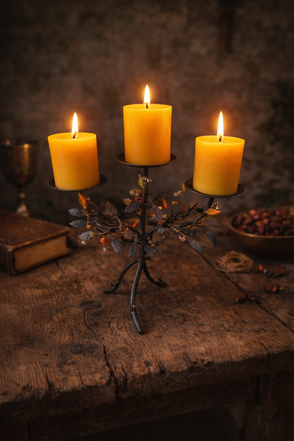Candle holder with three lit candles on a rustic wooden surface.