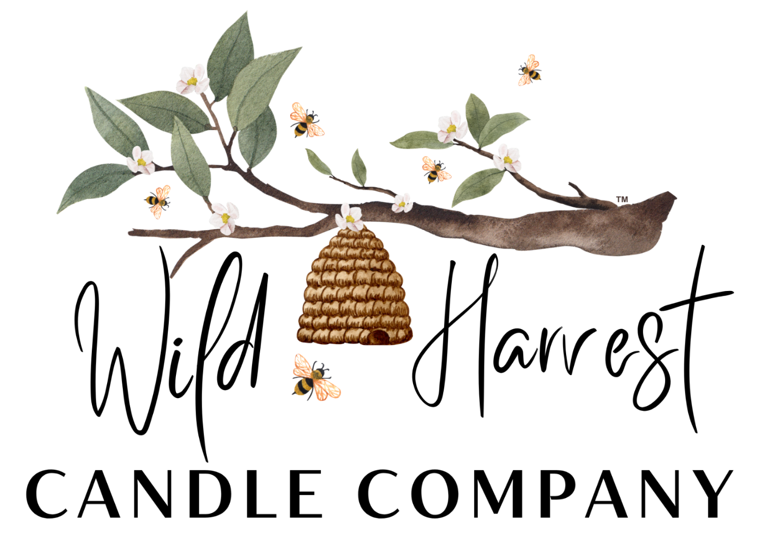 Logo of Wild Harvest Candle Company with a beehive and bees on a branch.