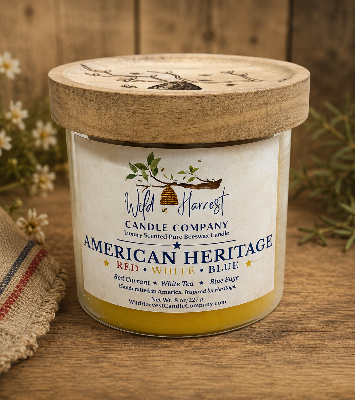 American Heritage | Luxury Pure Beeswax Candle | Red Currant, White Tea & Blue Sage