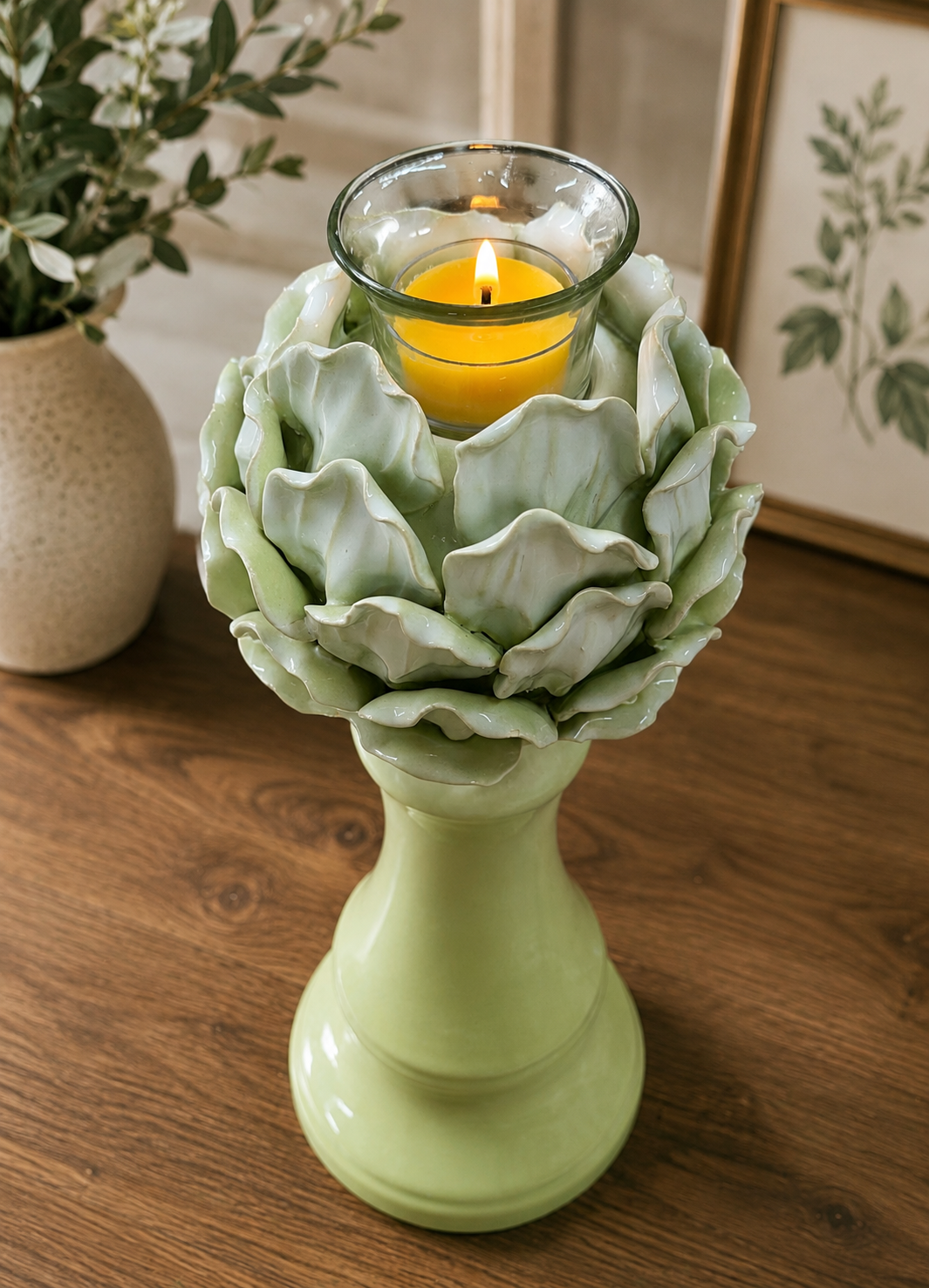 Artichoke Flower Ceramic Candle Holder with 6 Pure Beeswax Tealight Candles | Celadon Green Botanical Pedestal Décor