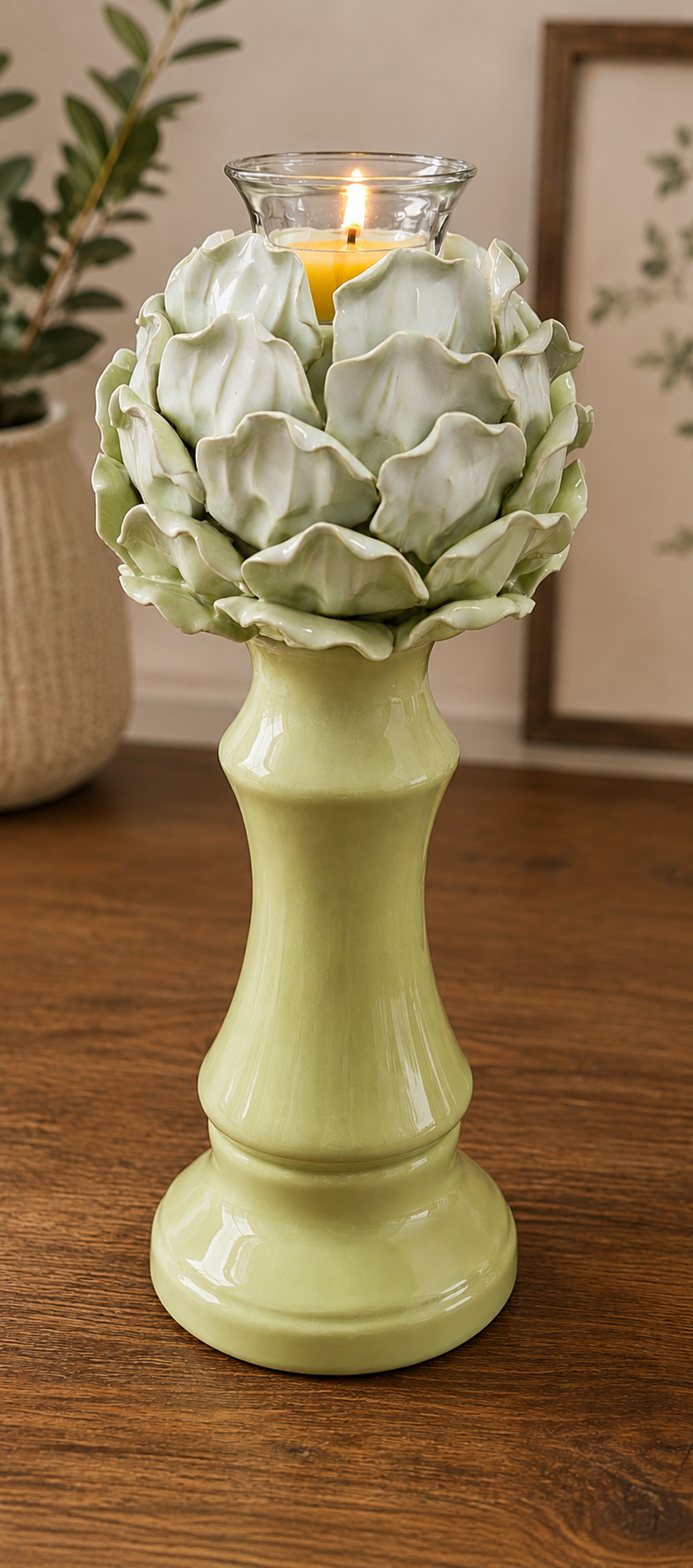 Artichoke Flower Ceramic Candle Holder with 6 Pure Beeswax Tealight Candles | Celadon Green Botanical Pedestal Décor