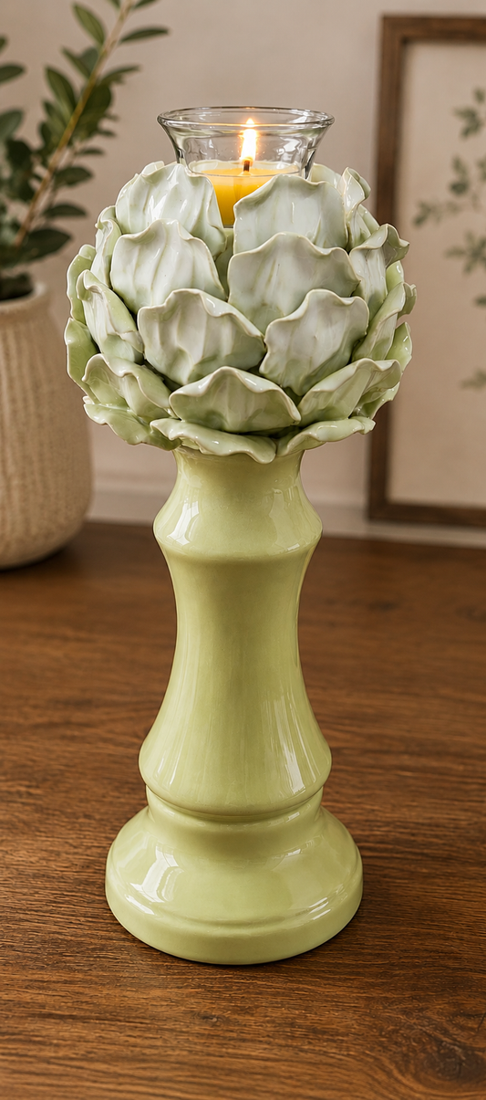 Artichoke Flower Ceramic Candle Holder with 6 Pure Beeswax Tealight Candles | Celadon Green Botanical Pedestal Décor