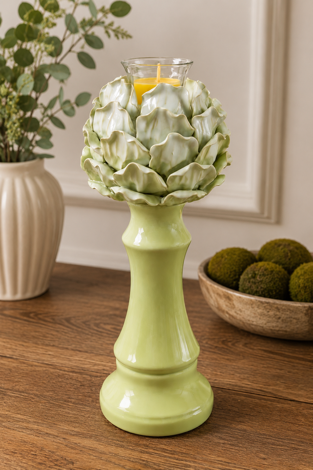 Artichoke Flower Ceramic Candle Holder with 6 Pure Beeswax Tealight Candles | Celadon Green Botanical Pedestal Décor