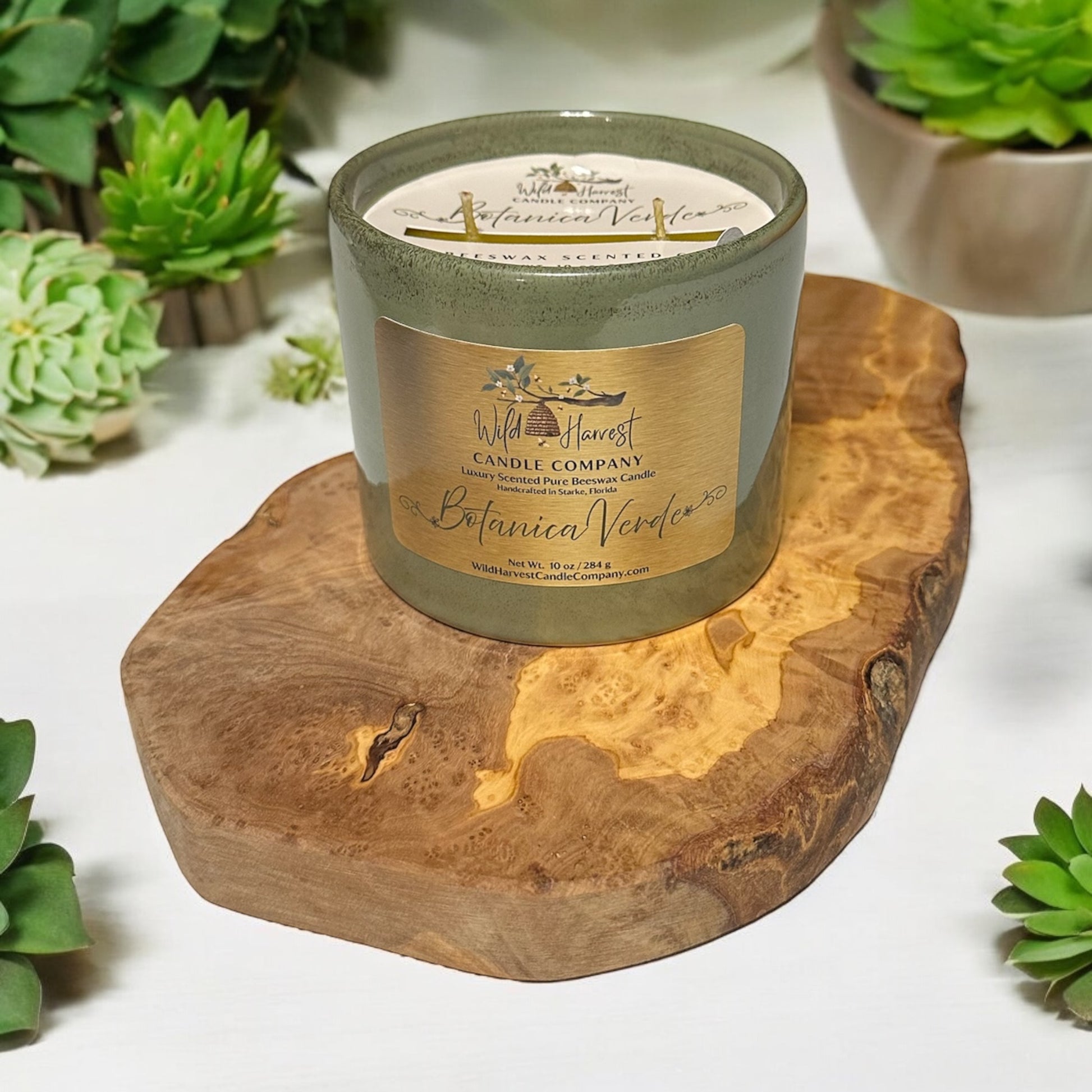 A light green ceramic candle vessel with the label 'Botanica Verde' placed on a wooden stand, surrounded by small plants by Wild Harvest Candle Company.