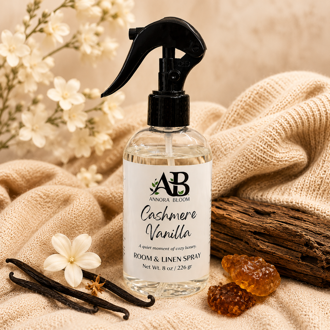 Cashmere Vanilla Luxury Room Spray | 8 oz Cozy Vanilla & Amber Home Fragrance | Annora Bloom Botanicals