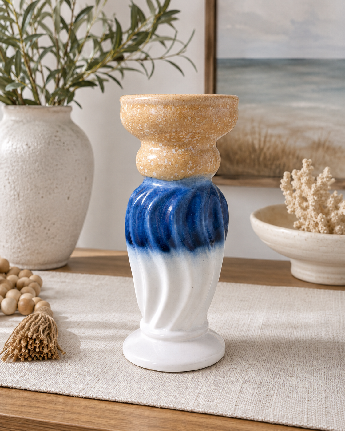 Handcrafted Artisan Ceramic Pillar Candle Holder | Coastal Blue & White Pottery Décor