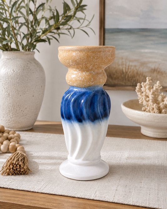 Handcrafted Artisan Ceramic Pillar Candle Holder | Coastal Blue & White Pottery Décor