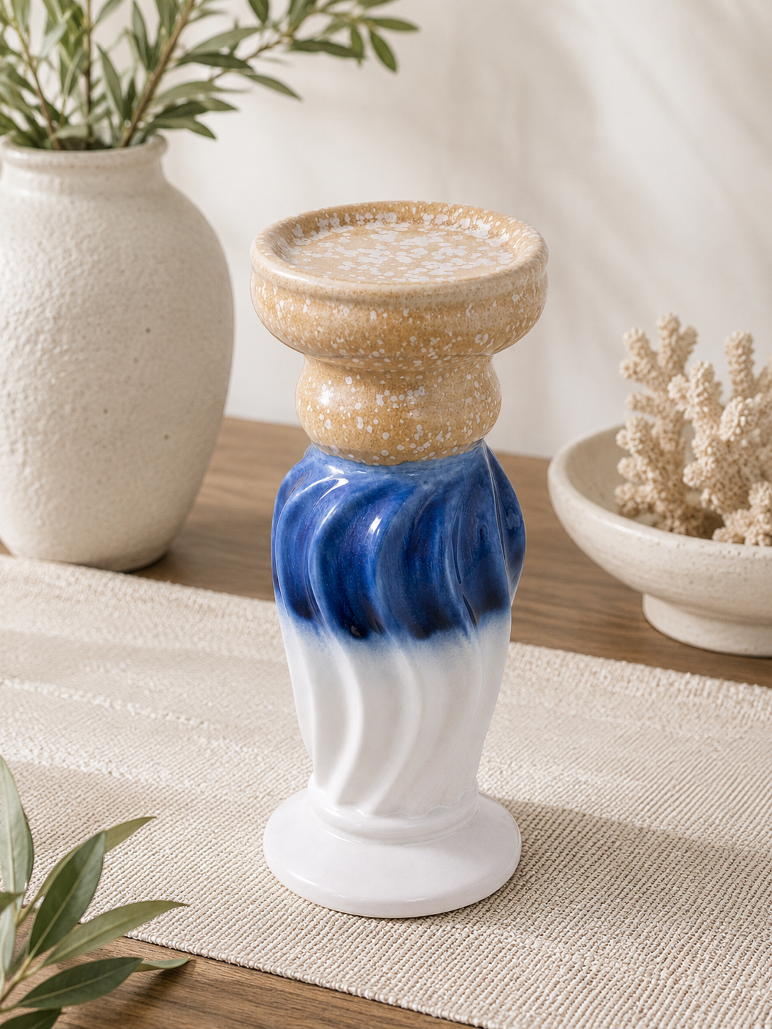 Handcrafted Artisan Ceramic Pillar Candle Holder | Coastal Blue & White Pottery Décor
