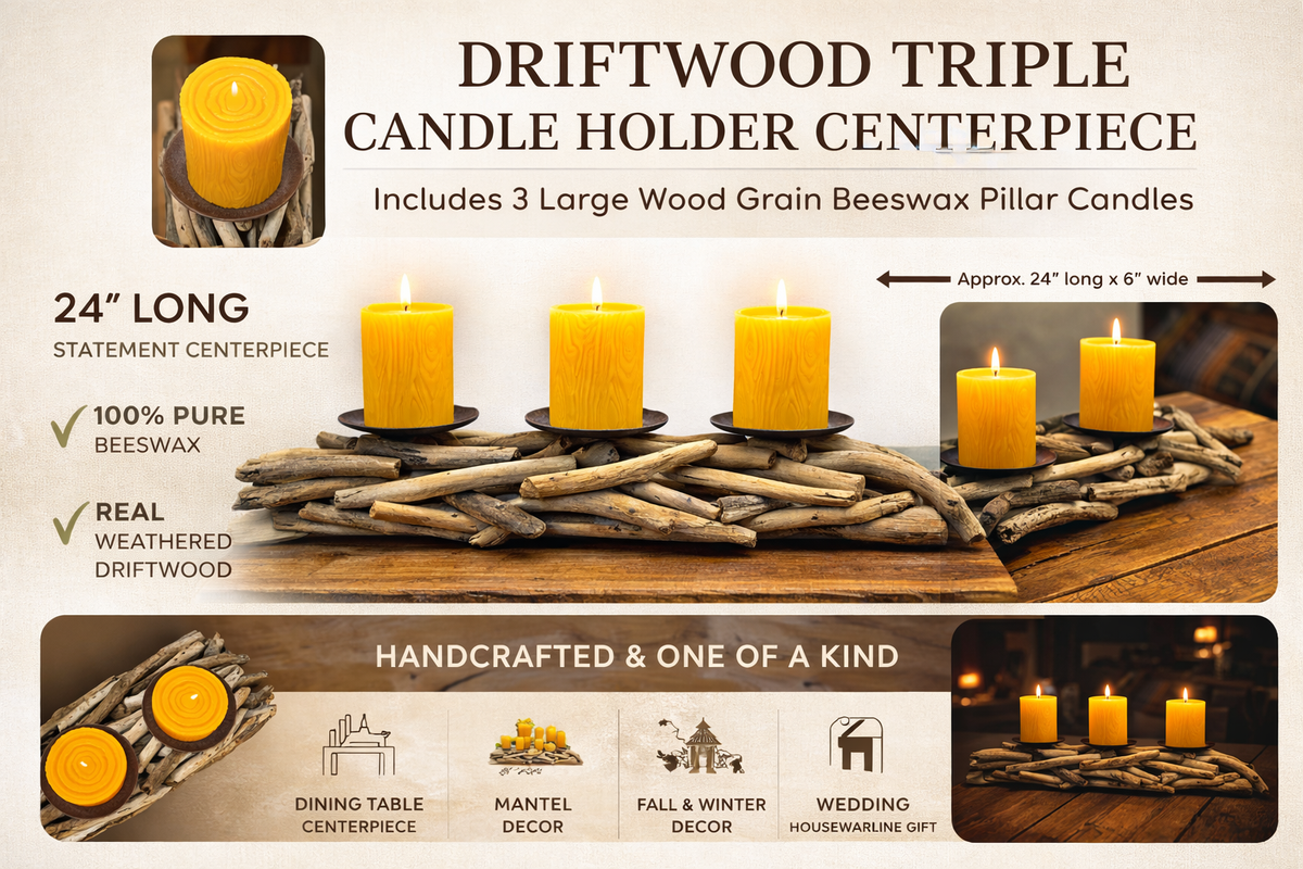 Driftwood triple candle holder centerpiece with candles on a wooden surface.