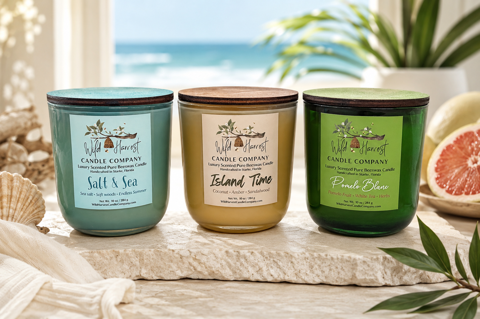 Endless Summer Collection handcrafted scented beeswax candles by Wild Harvest Candle Company.