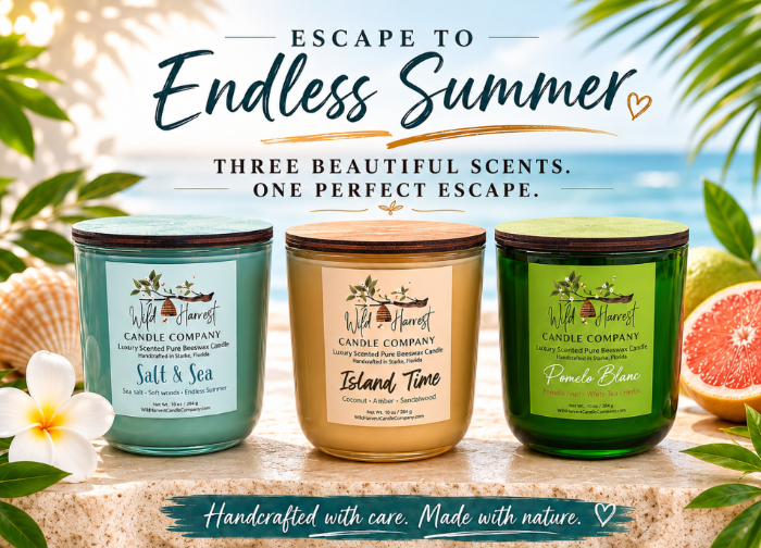 Endless Summer Collection handcrafted scented beeswax candles by Wild Harvest Candle Company.