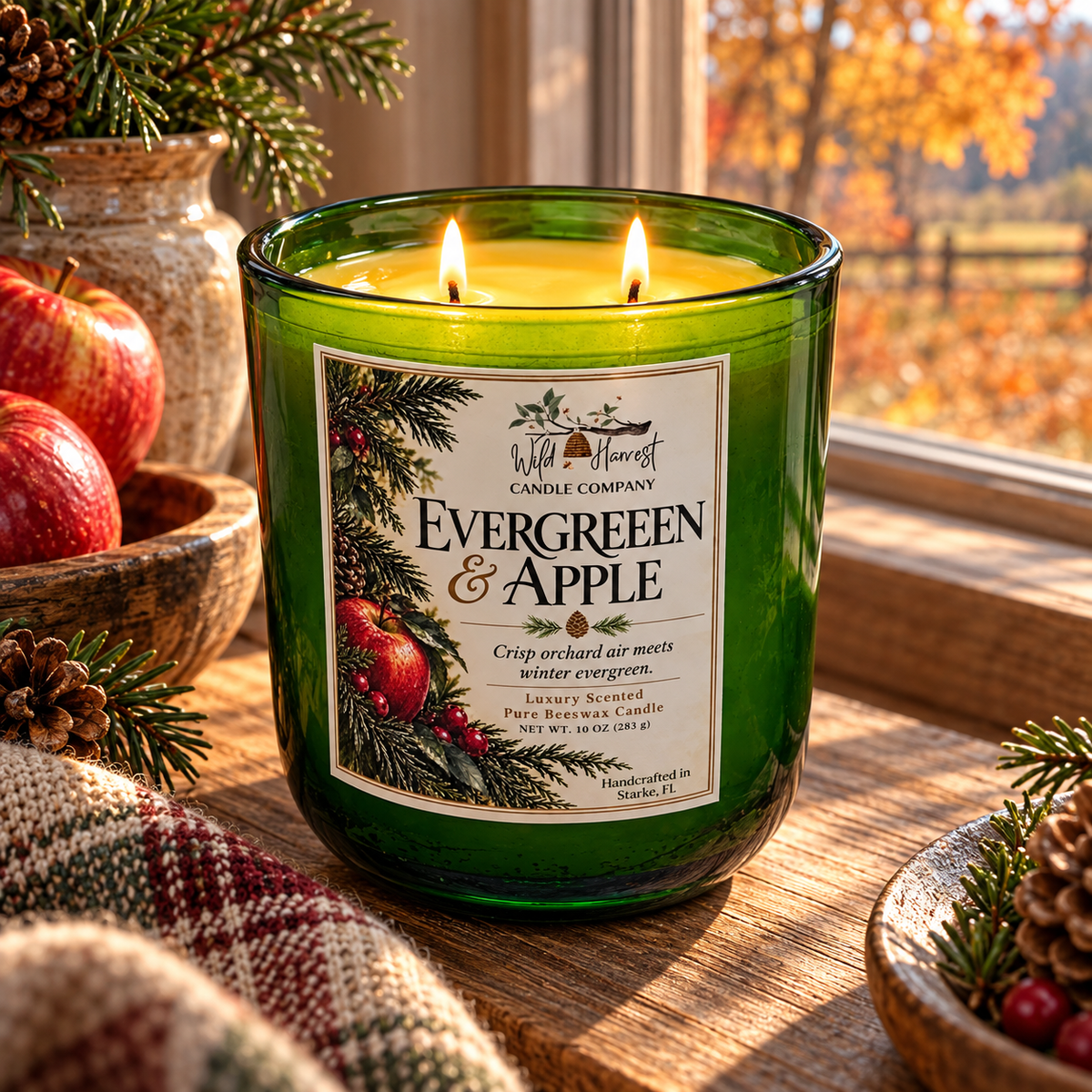 Evergreen & Apple Luxury Beeswax Candle | Crisp Apple, Fir & Balsam | 10 oz