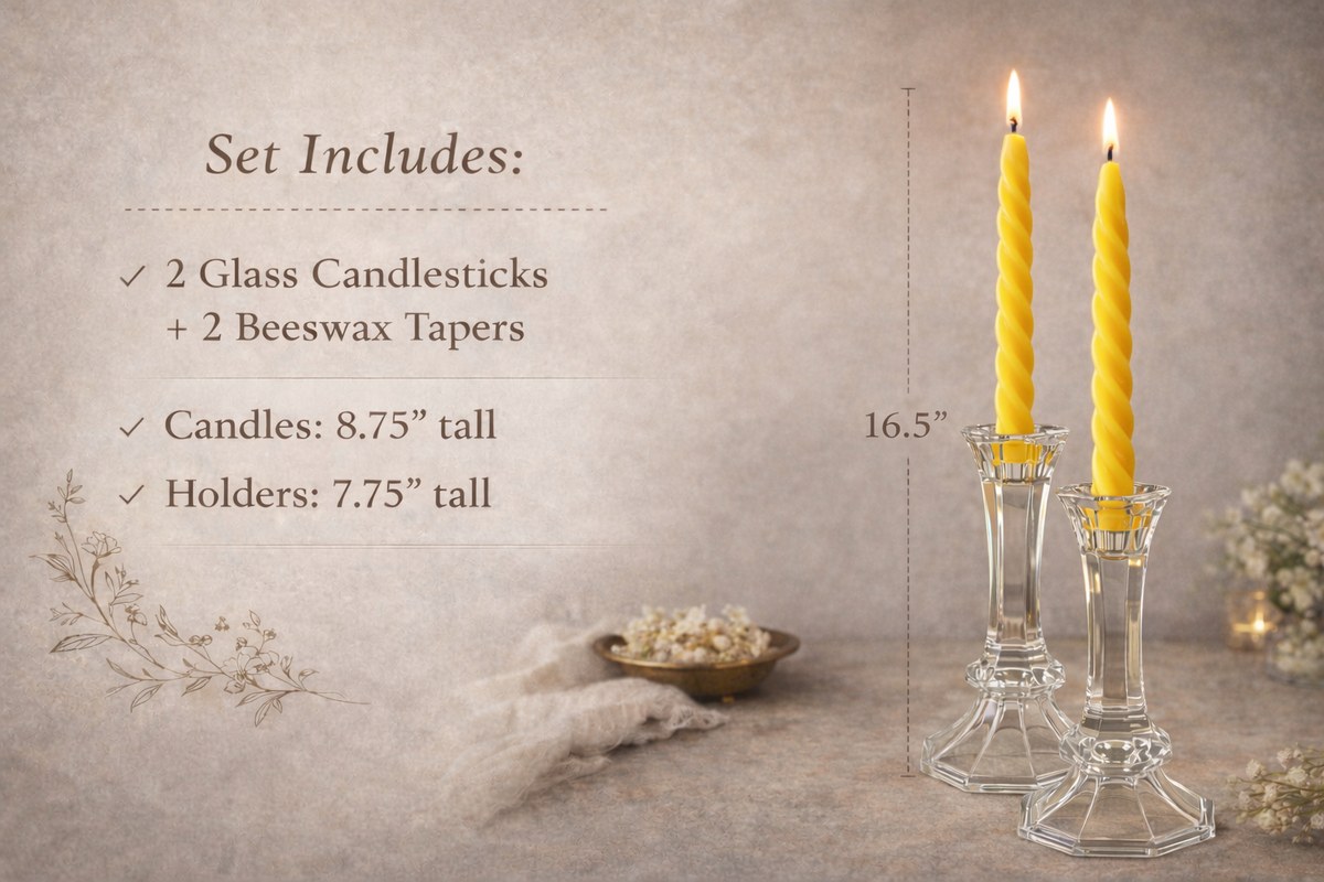 Glass candlesticks with beeswax candles on a textured surface, including product details.