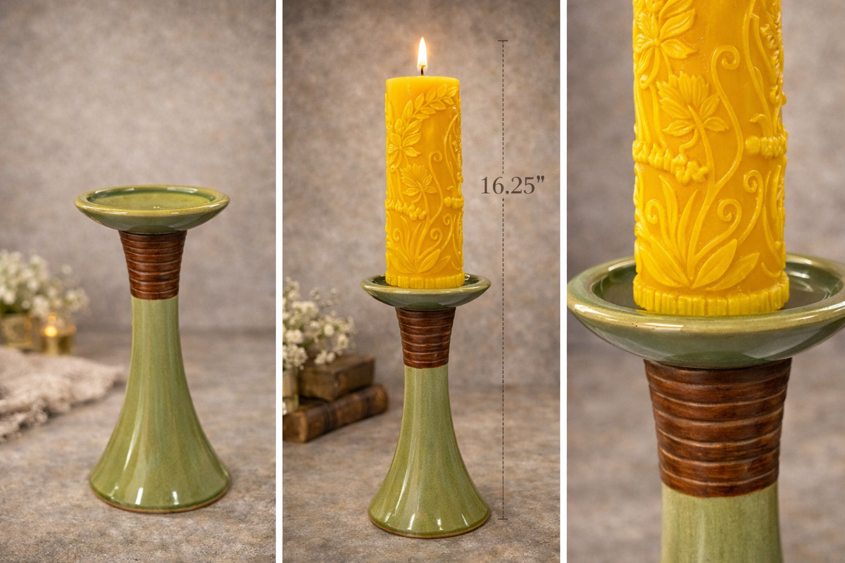 Decorative candle holder with a yellow candle on a textured surface