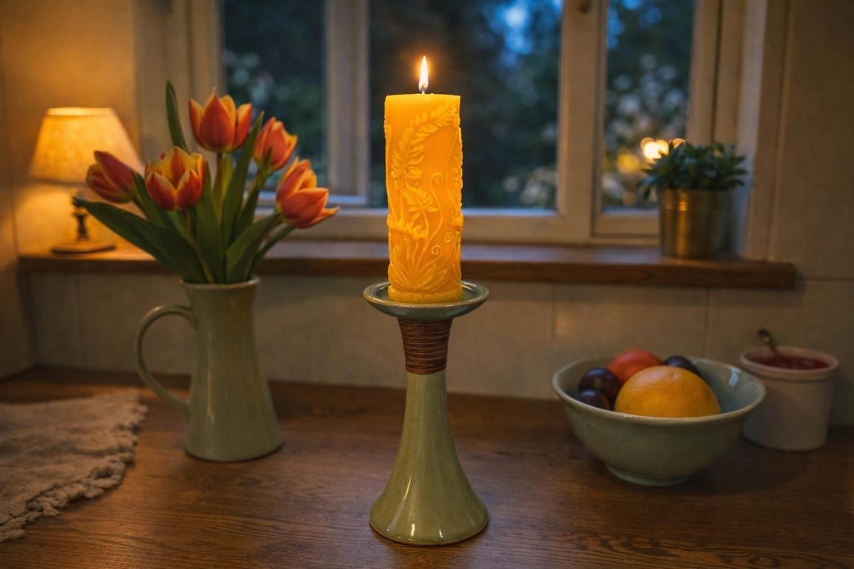 Candle in a textured holder on a wooden surface with a vase of tulips and a bowl of fruit in the background.