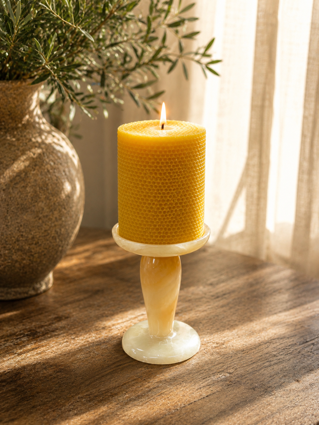 Honey Onyx Pedestal Pillar Candle Holder | Natural Stone