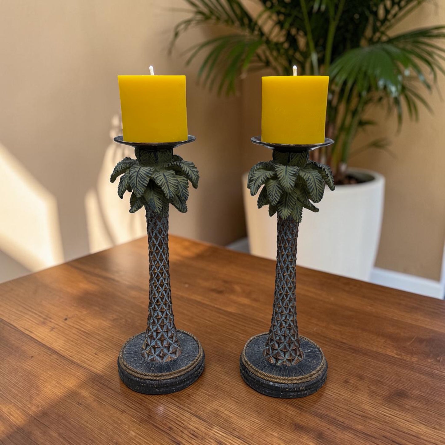 Tropical Palm Tree Candle Holder Set with Pure Beeswax Pillars – Coastal Decorative Accent Pair