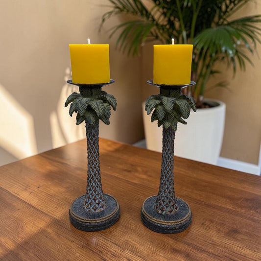 Tropical Palm Tree Candle Holder Set with Pure Beeswax Pillars – Coastal Decorative Accent Pair