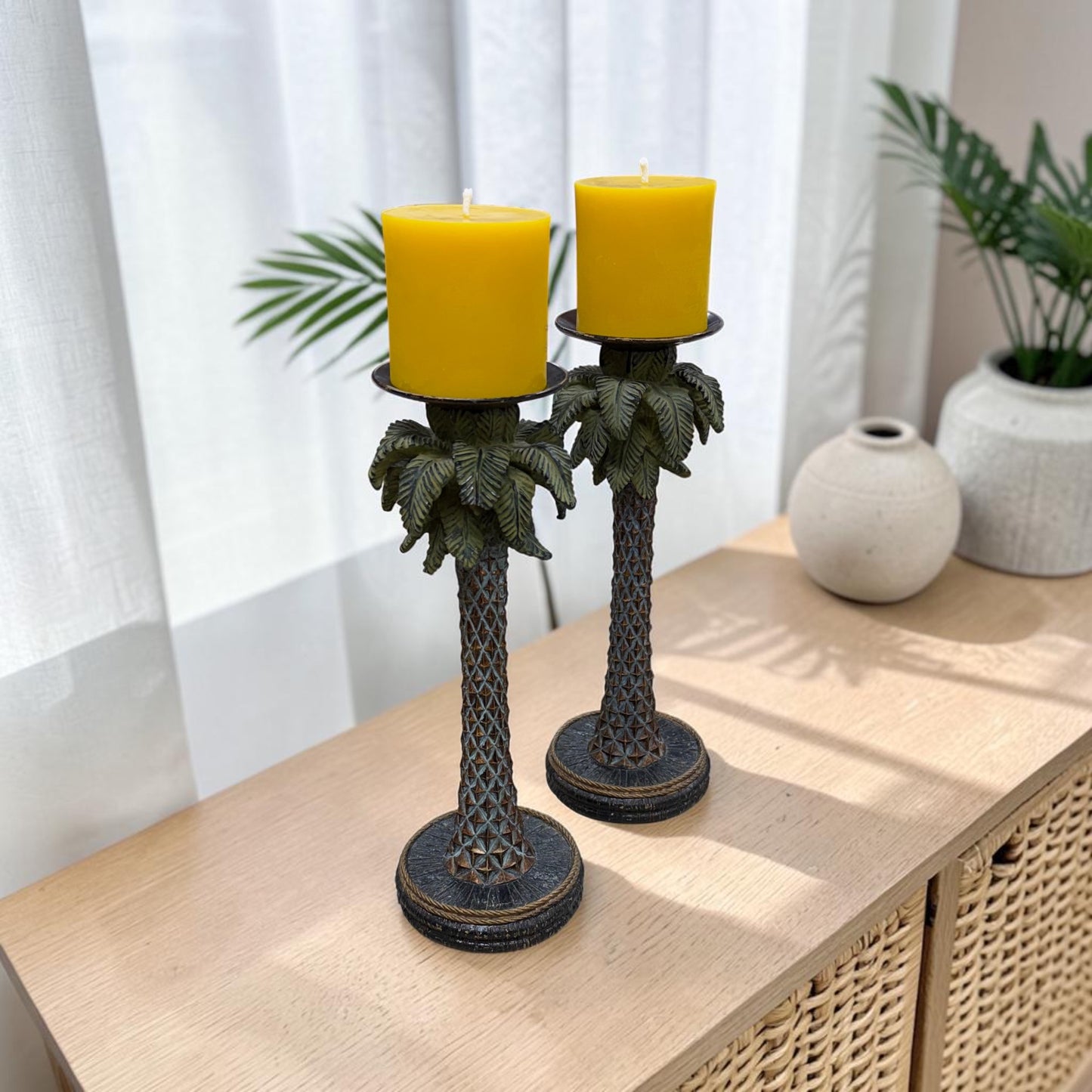 Tropical Palm Tree Candle Holder Set with Pure Beeswax Pillars – Coastal Decorative Accent Pair