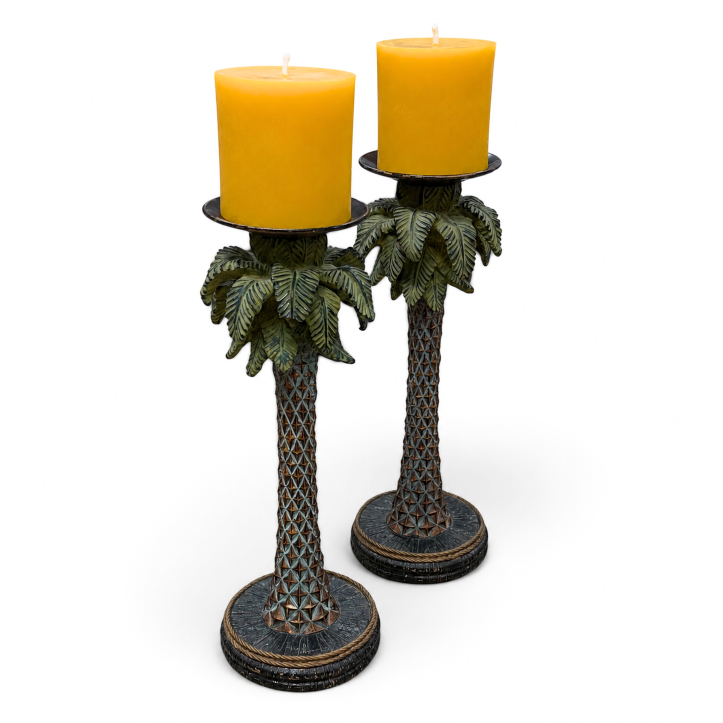 Tropical Palm Tree Candle Holder Set with Pure Beeswax Pillars – Coastal Decorative Accent Pair