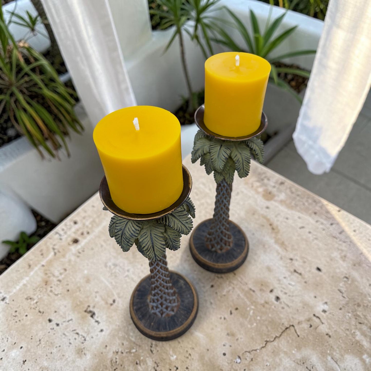 Tropical Palm Tree Candle Holder Set with Pure Beeswax Pillars – Coastal Decorative Accent Pair