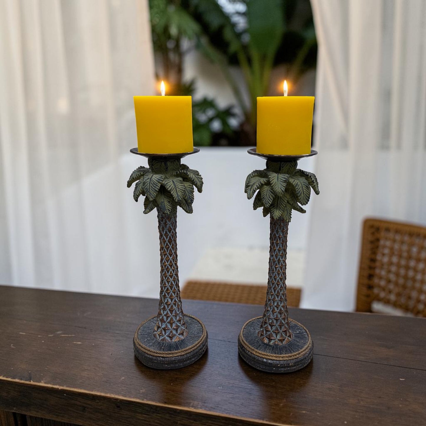 Tropical Palm Tree Candle Holder Set with Pure Beeswax Pillars – Coastal Decorative Accent Pair