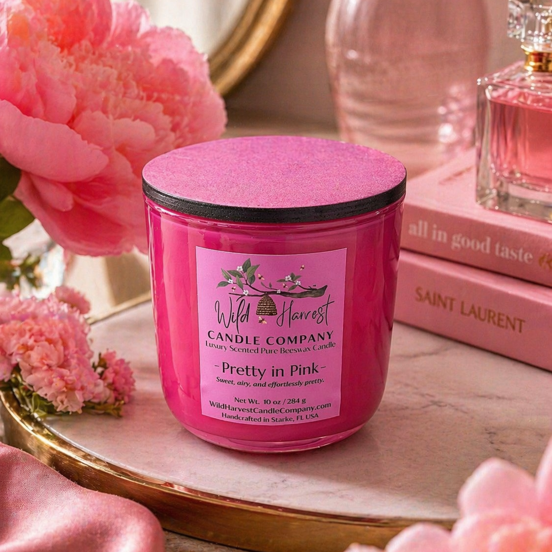 Pretty in Pink Scented Pure Beeswax Candle in bright pink vessel by Wild Harvest Candle Company.