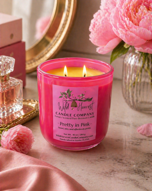 Pretty in Pink Candle – Sweet Fruity Floral Scented Pure Beeswax Candle in Bright Pink Glass | Limited Edition Spring Scent | 10 oz