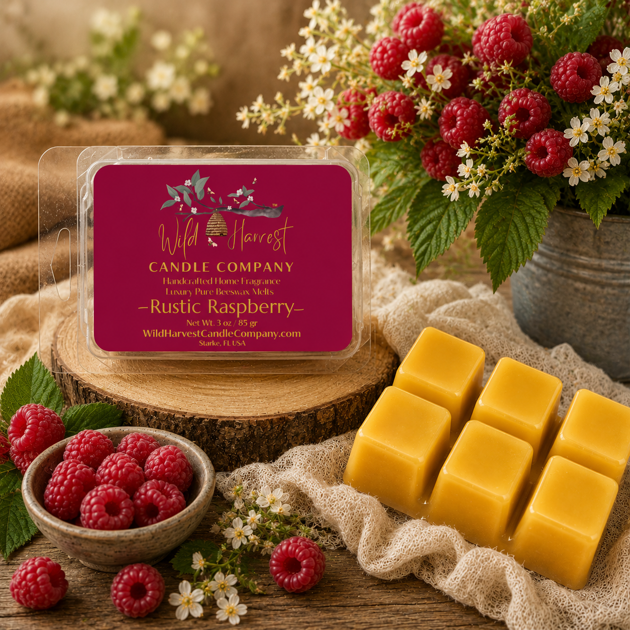 Rustic Raspberry Scented Pure Beeswax Candle – Limited Edition Luxury Candle | Raspberry, Amber & Vanilla Birch | 10 oz Artisan Candle in Raspberry Glass