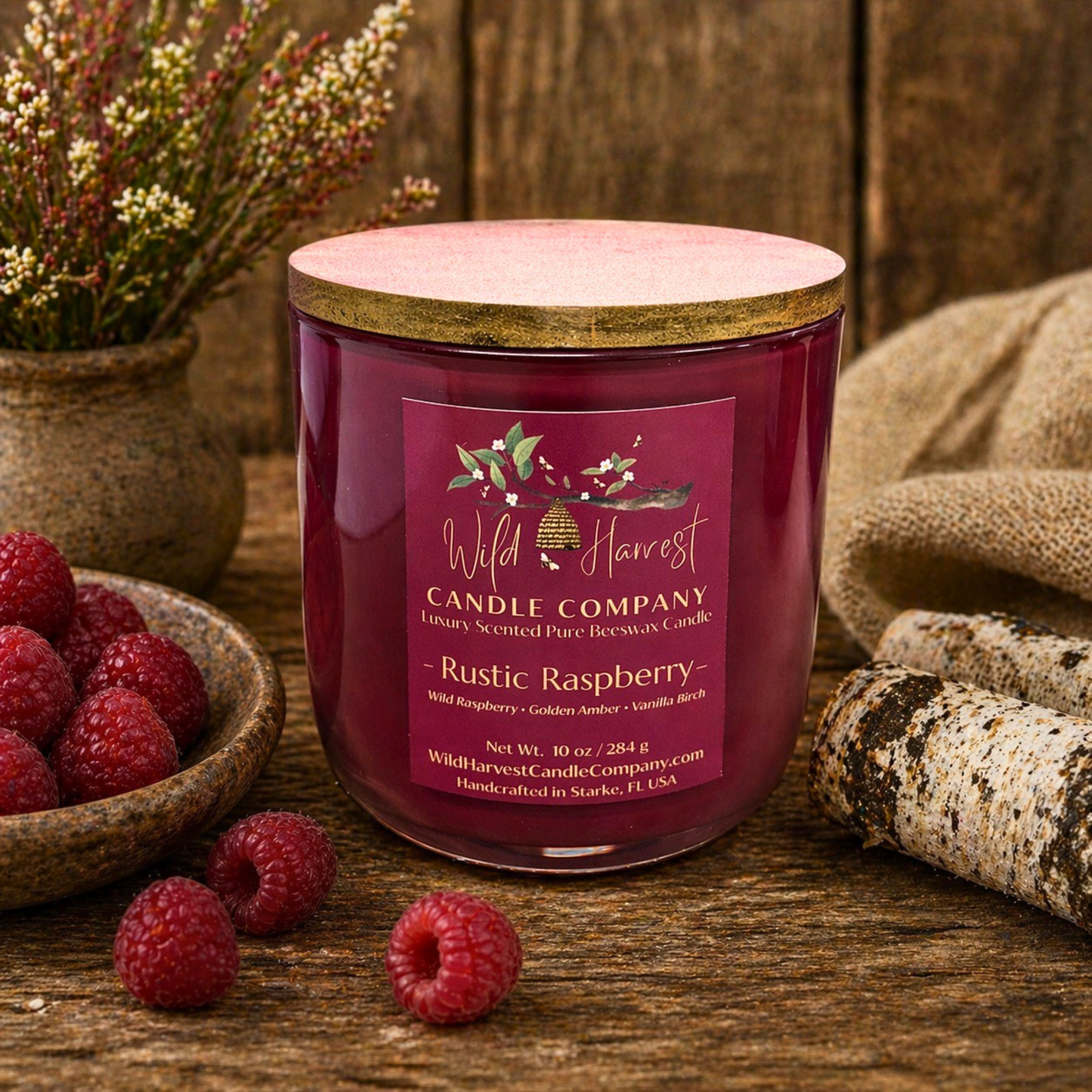 Rustic Raspberry Scented Pure Beeswax Candle – Limited Edition Luxury Candle | Raspberry, Amber & Vanilla Birch | 10 oz Artisan Candle in Raspberry Glass